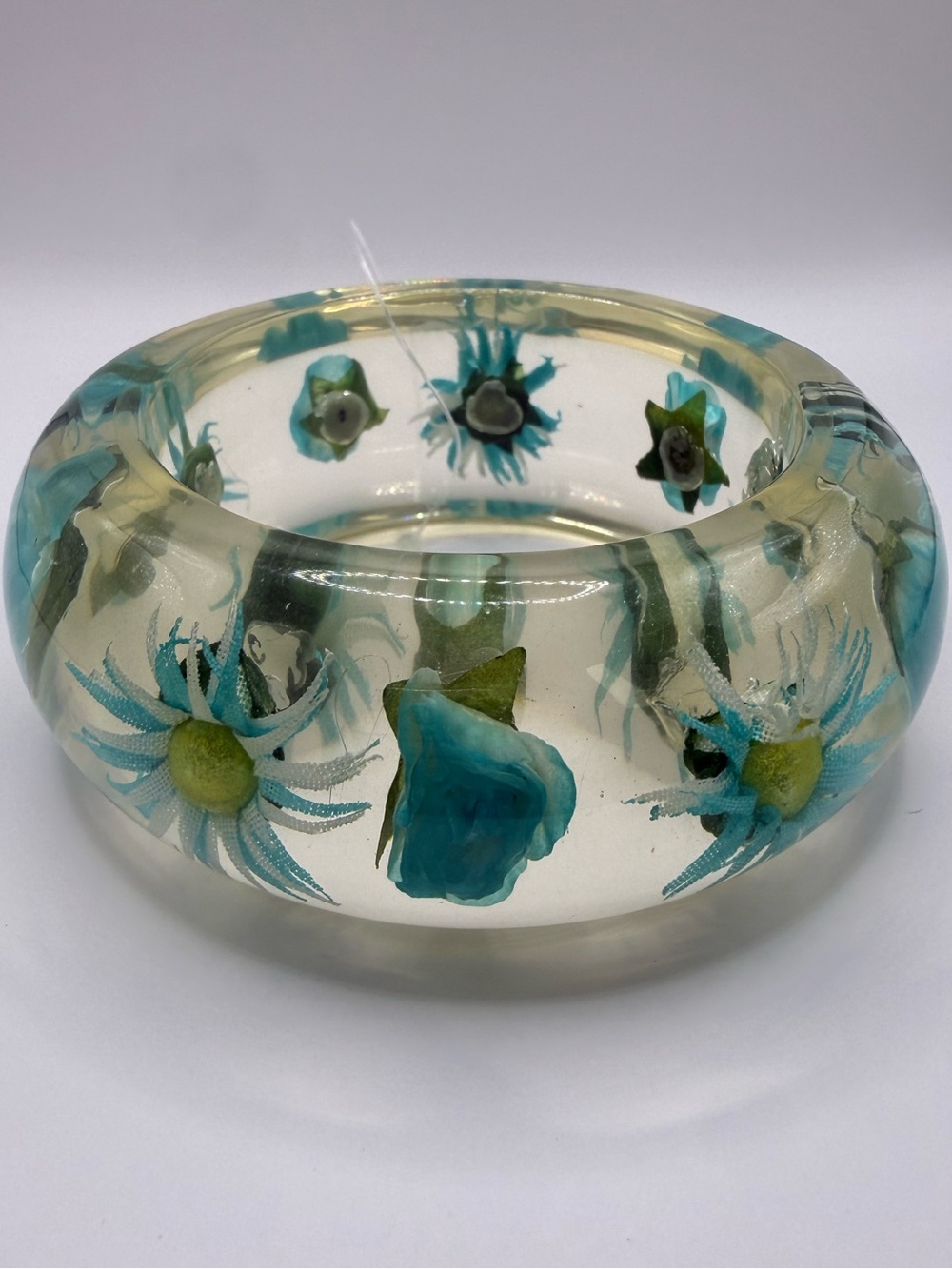 Very Chunky Clear Floral Resin Bangle Bracelet with Teal and Green Accents